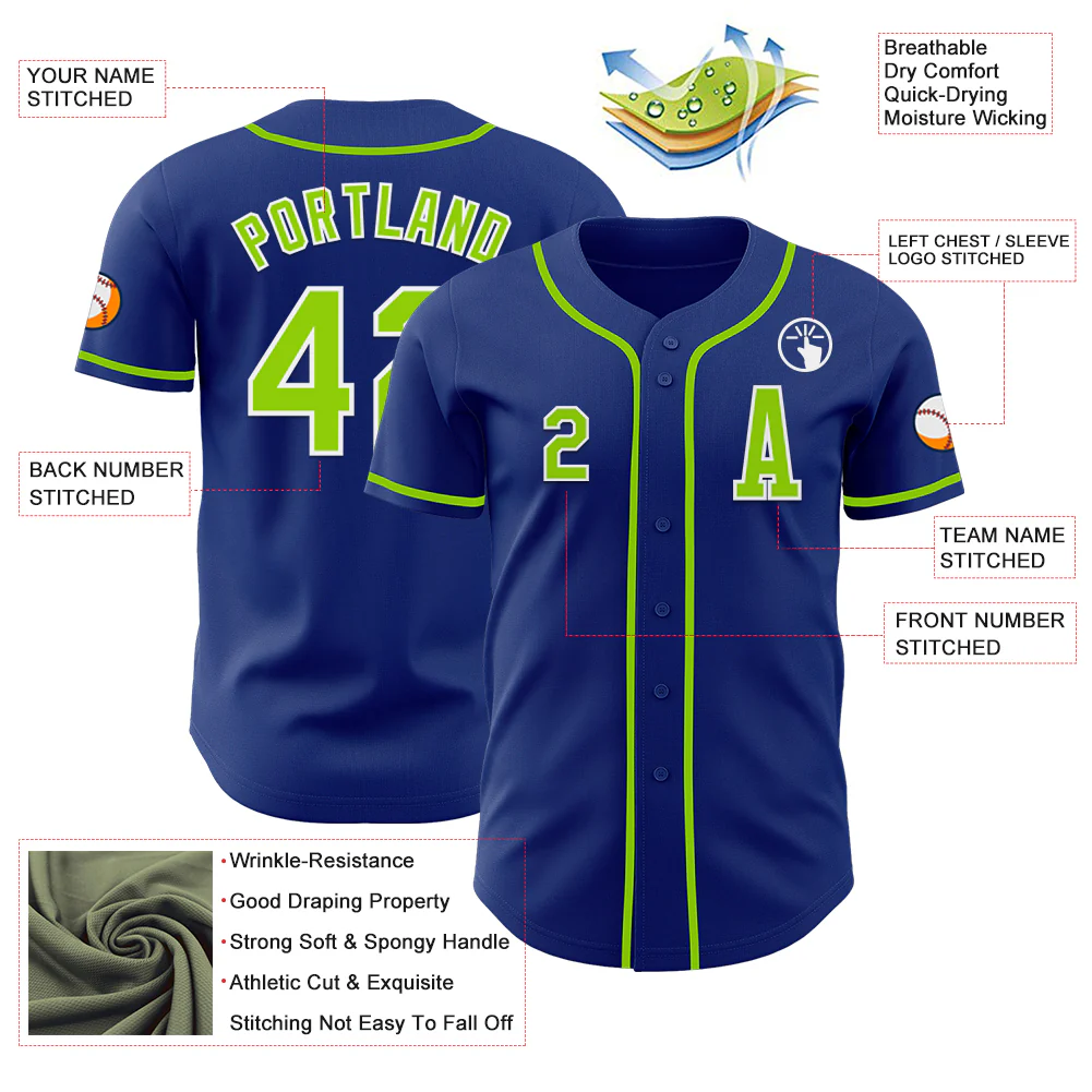 Custom Royal Neon Green-White Authentic Baseball Jersey - Image 2