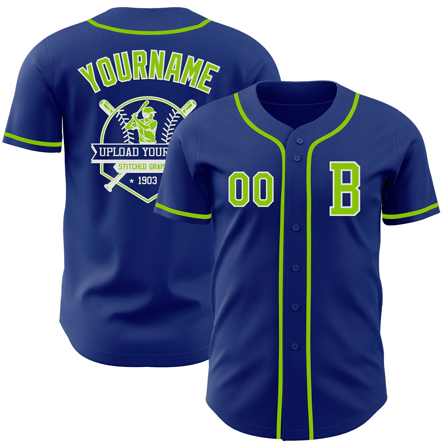 Custom Royal Neon Green-White Authentic Baseball Jersey - Image 5