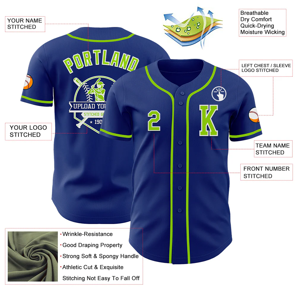 Custom Royal Neon Green-White Authentic Baseball Jersey - Image 6