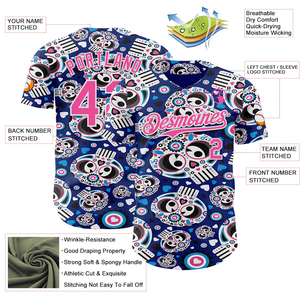 Custom Royal Pink-White Sugar Skull Day of the Dead Mexican Folk Art Authentic Baseball Jersey - Image 3