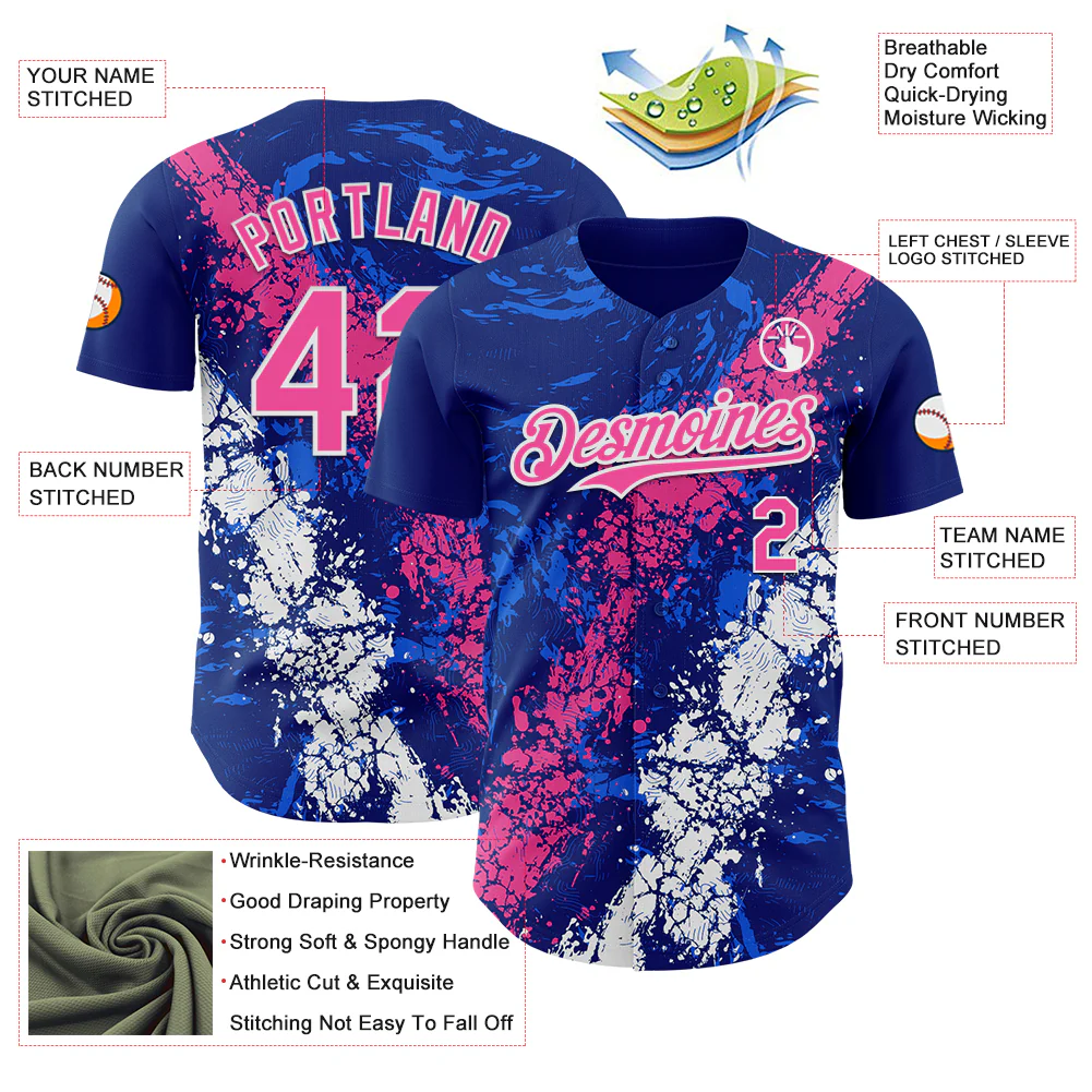 Custom Royal Pink-White Splash Authentic Baseball Jersey - Image 3