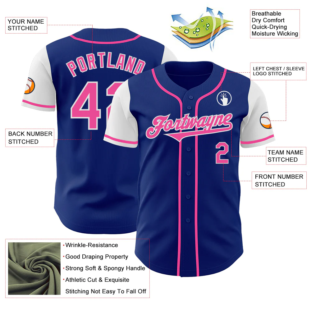 Custom Royal Pink-White Authentic Two Tone Baseball Jersey - Image 3