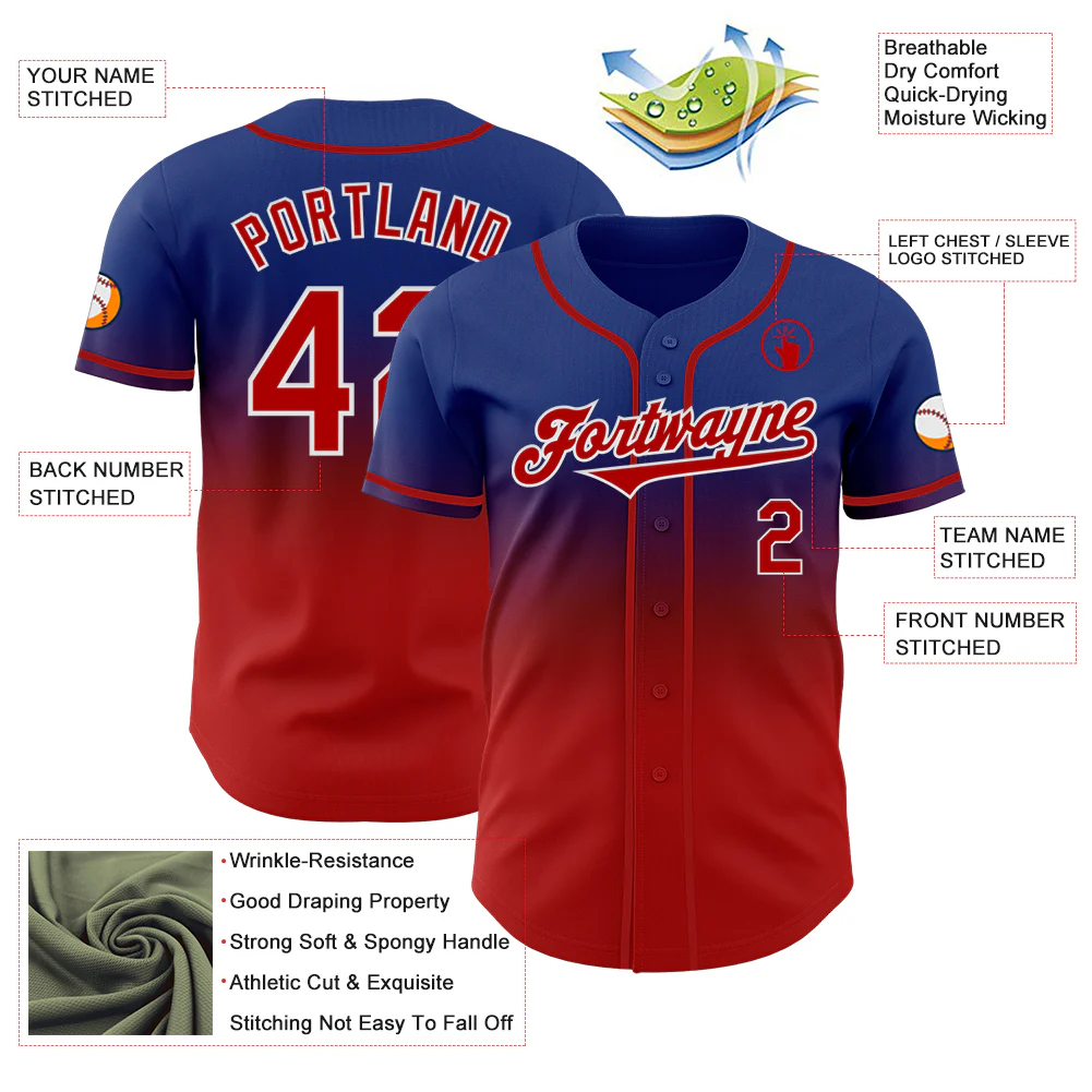 Custom Royal Red-White Authentic Fade Fashion Baseball Jersey - Image 3