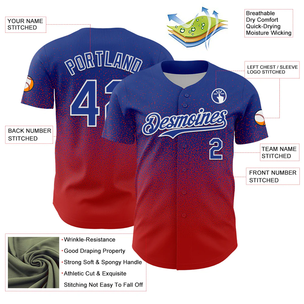 Custom Royal White-Red Fade Fashion Speckle Authentic Baseball Jersey - Image 3