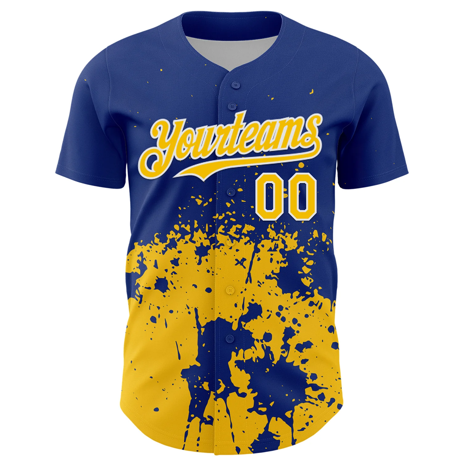 Custom Royal Yellow-White Abstract Splatter Grunge Authentic Baseball Jersey - Image 2
