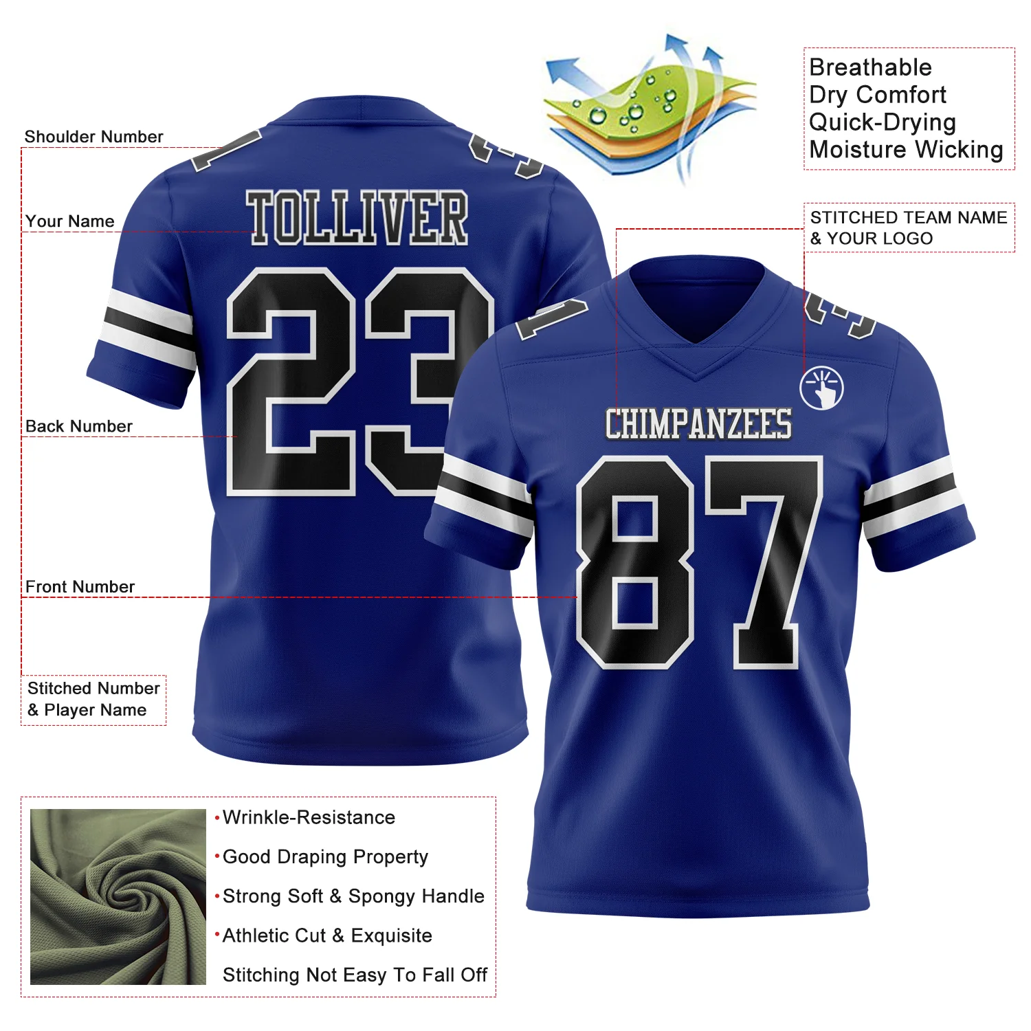 Custom Royal Black-White Authentic Football Jersey - Image 3