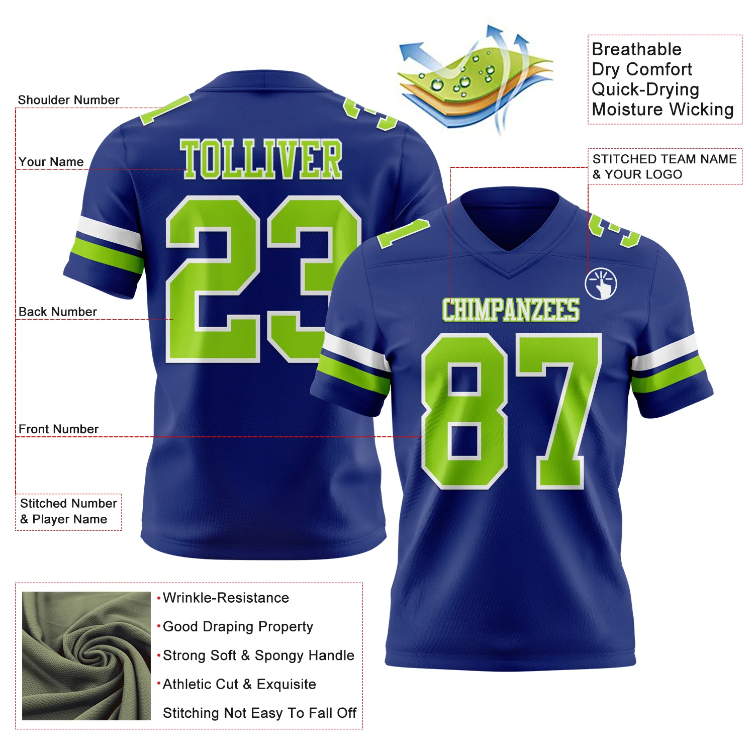 Custom Royal Neon Green-White Authentic Football Jersey - Image 3