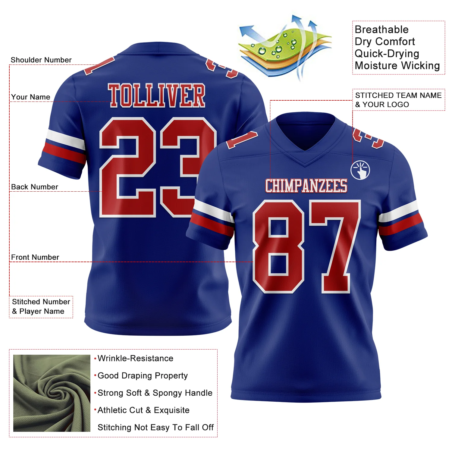 Custom Royal Red-White Authentic Football Jersey - Image 3