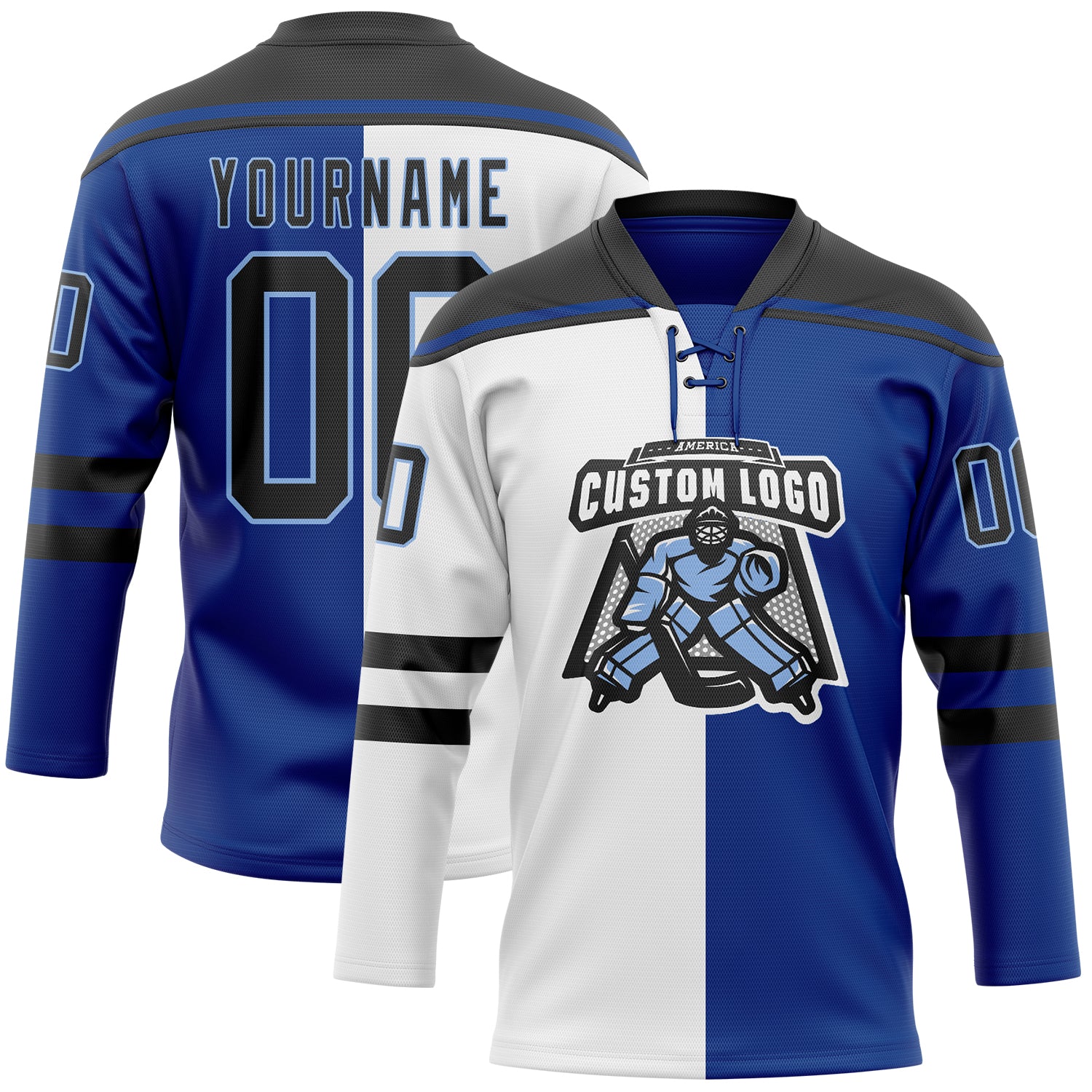 Custom Royal Black White-Light Blue Split Fashion Hockey Lace Neck Jersey - Image 2