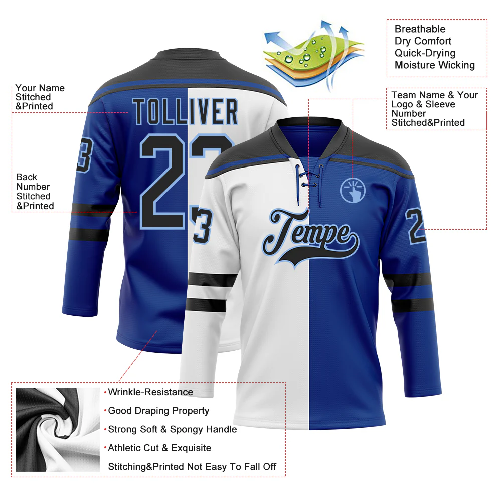 Custom Royal Black White-Light Blue Split Fashion Hockey Lace Neck Jersey - Image 5