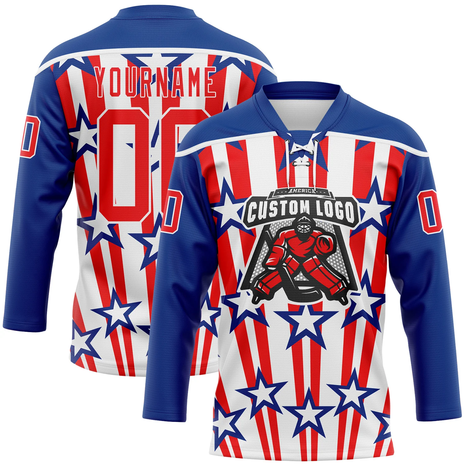 Custom Royal Fire Red-White American Flag Hockey Lace Neck Jersey - Image 2