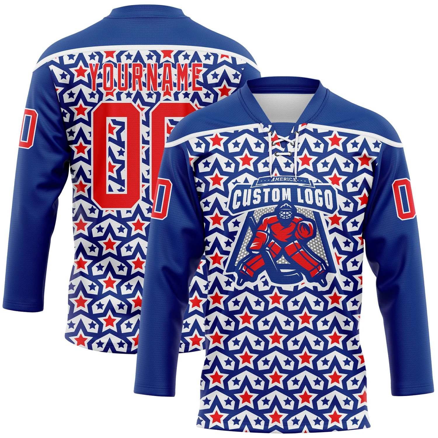 Custom Royal Fire Red-White American Flag Hockey Lace Neck Jersey - Image 2