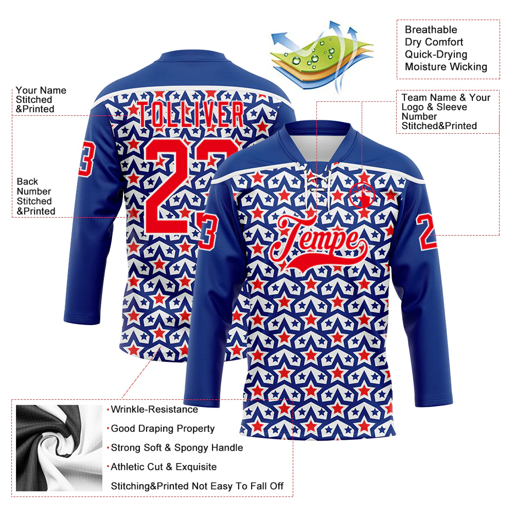 Custom Royal Fire Red-White American Flag Hockey Lace Neck Jersey - Image 5