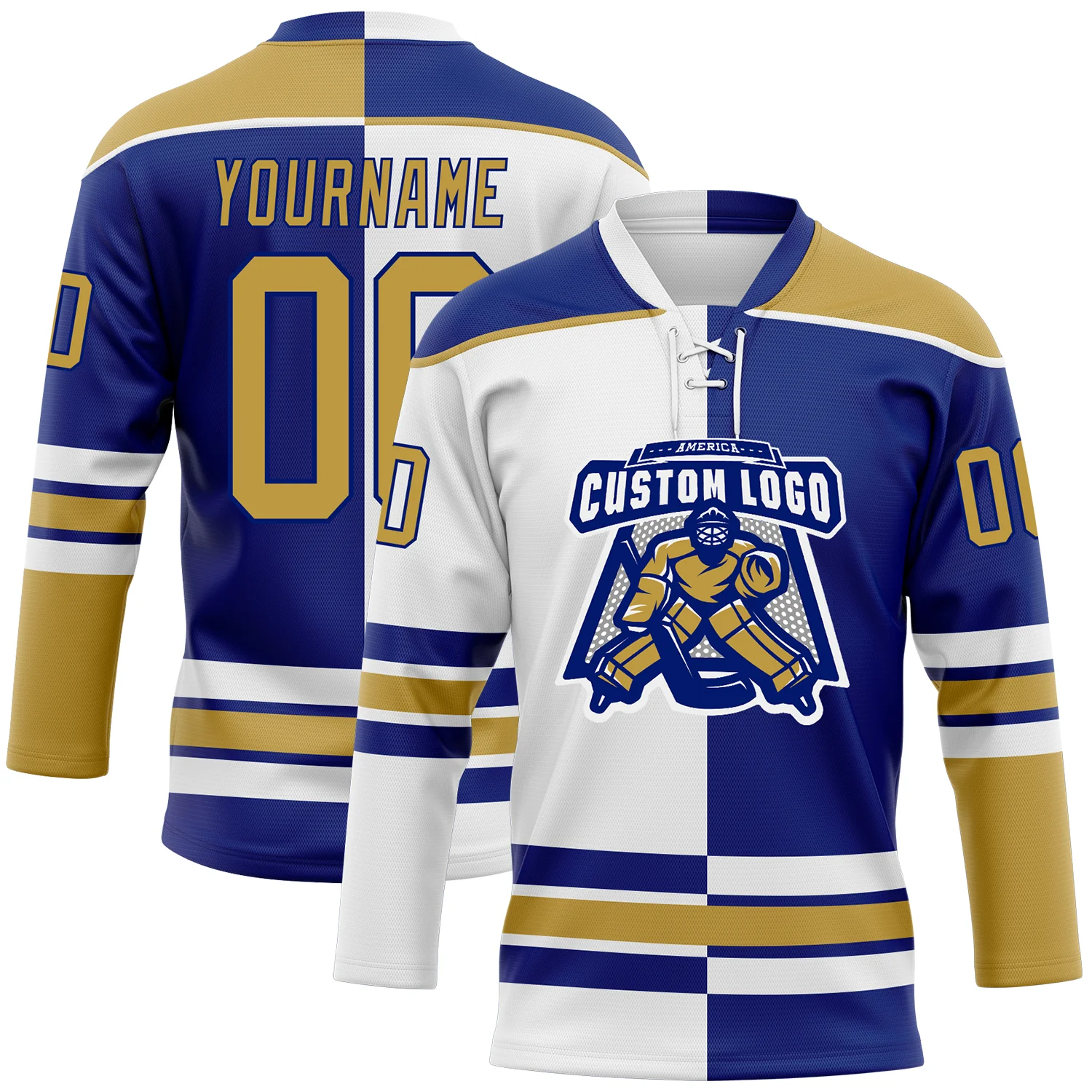 Custom Royal Old Gold-White Split Fashion Hockey Lace Neck Jersey - Image 2
