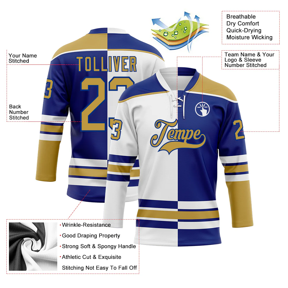 Custom Royal Old Gold-White Split Fashion Hockey Lace Neck Jersey - Image 3