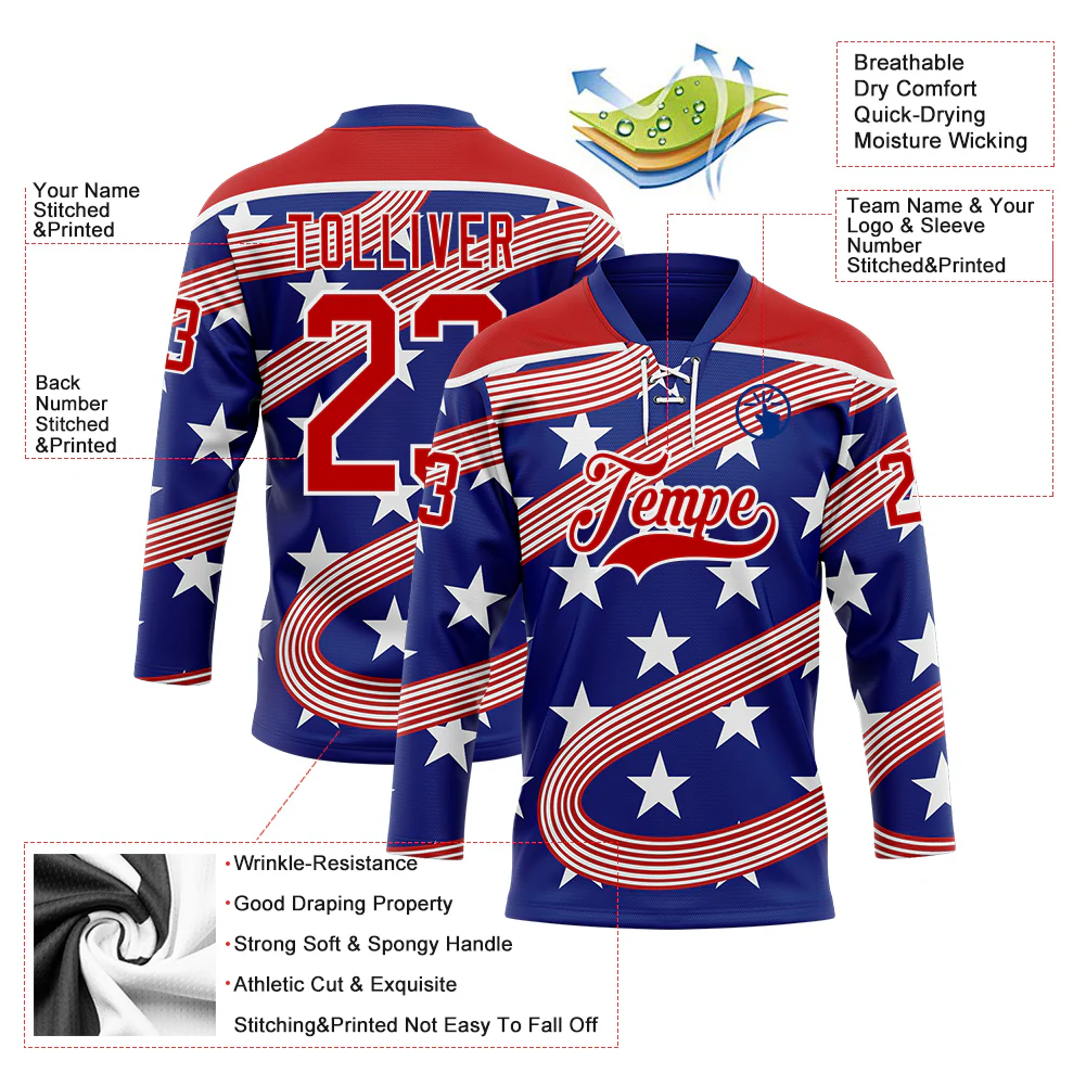 Custom Royal Red-White American Flag Hockey Lace Neck Jersey - Image 5