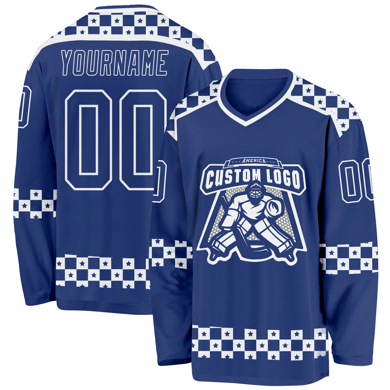 Custom Royal White Plaid Hockey Jersey - Image 2
