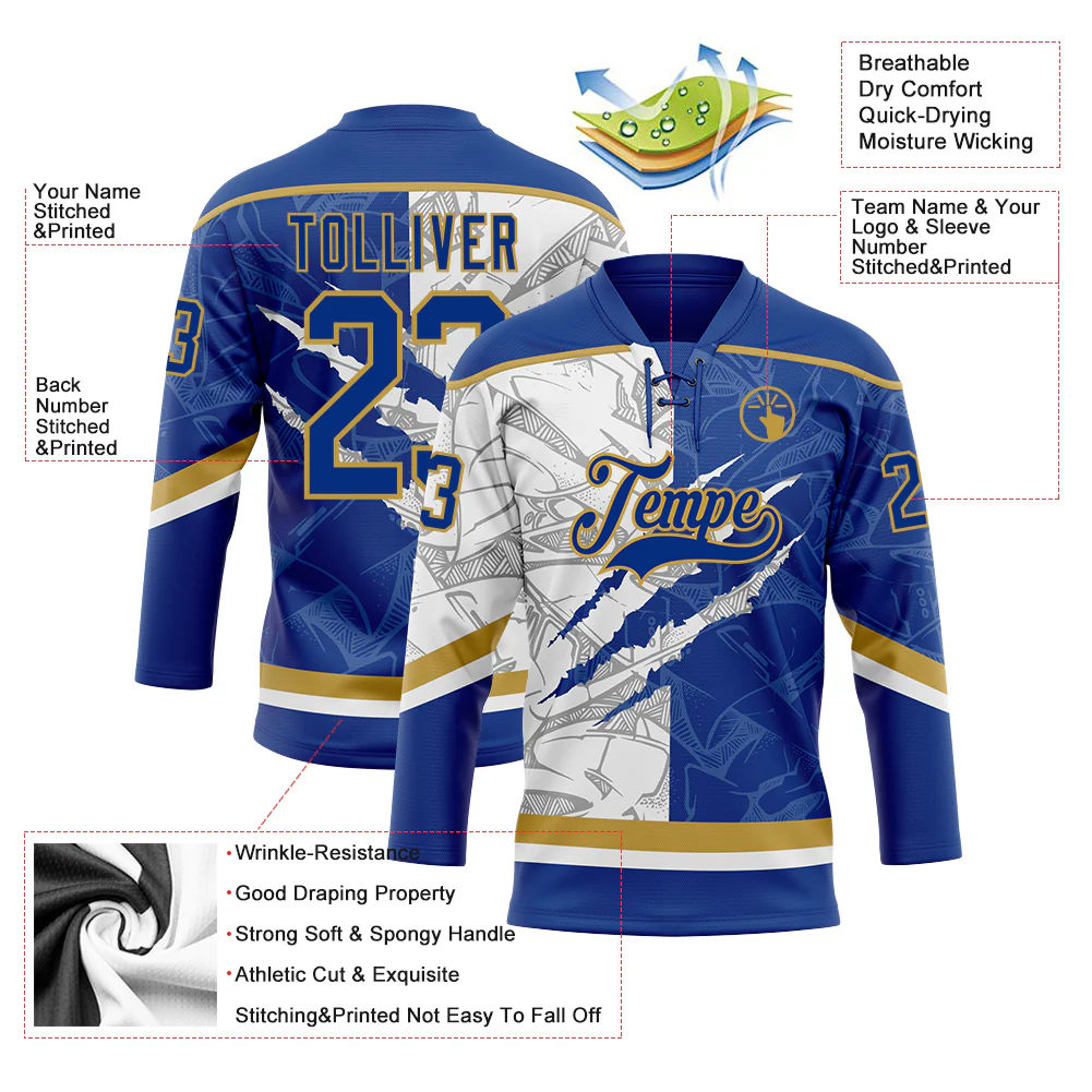 Custom Royal White-Old Gold 3D Pattern Gradient Fashion Scratch Hockey Lace Neck Jersey - Image 3