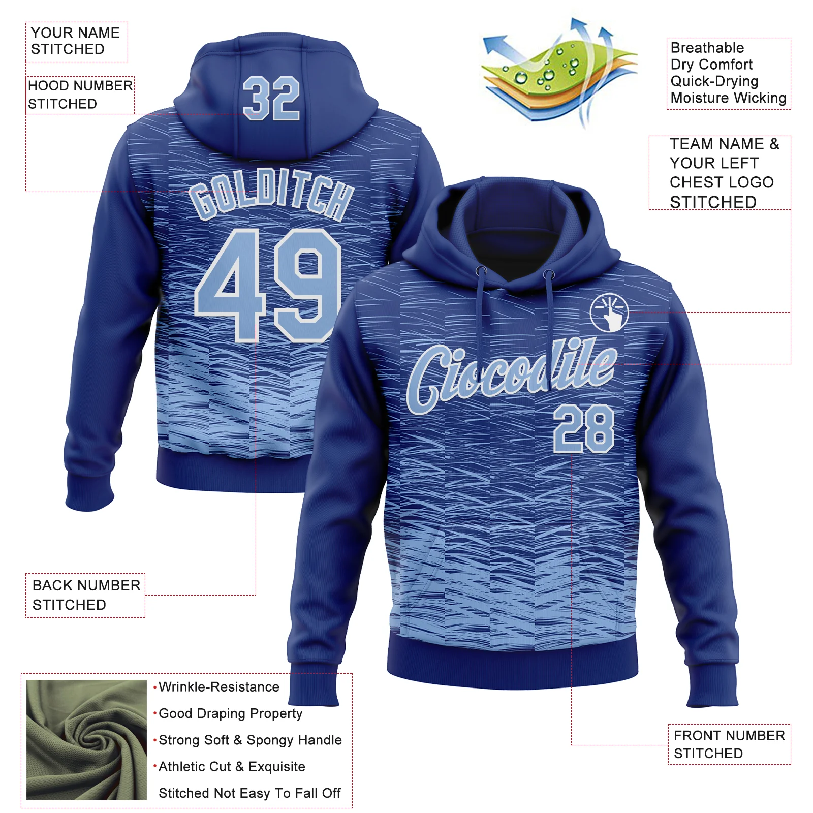 Custom Stitched Royal Light Blue-White Line Sports Pullover Sweatshirt Hoodie - Image 4