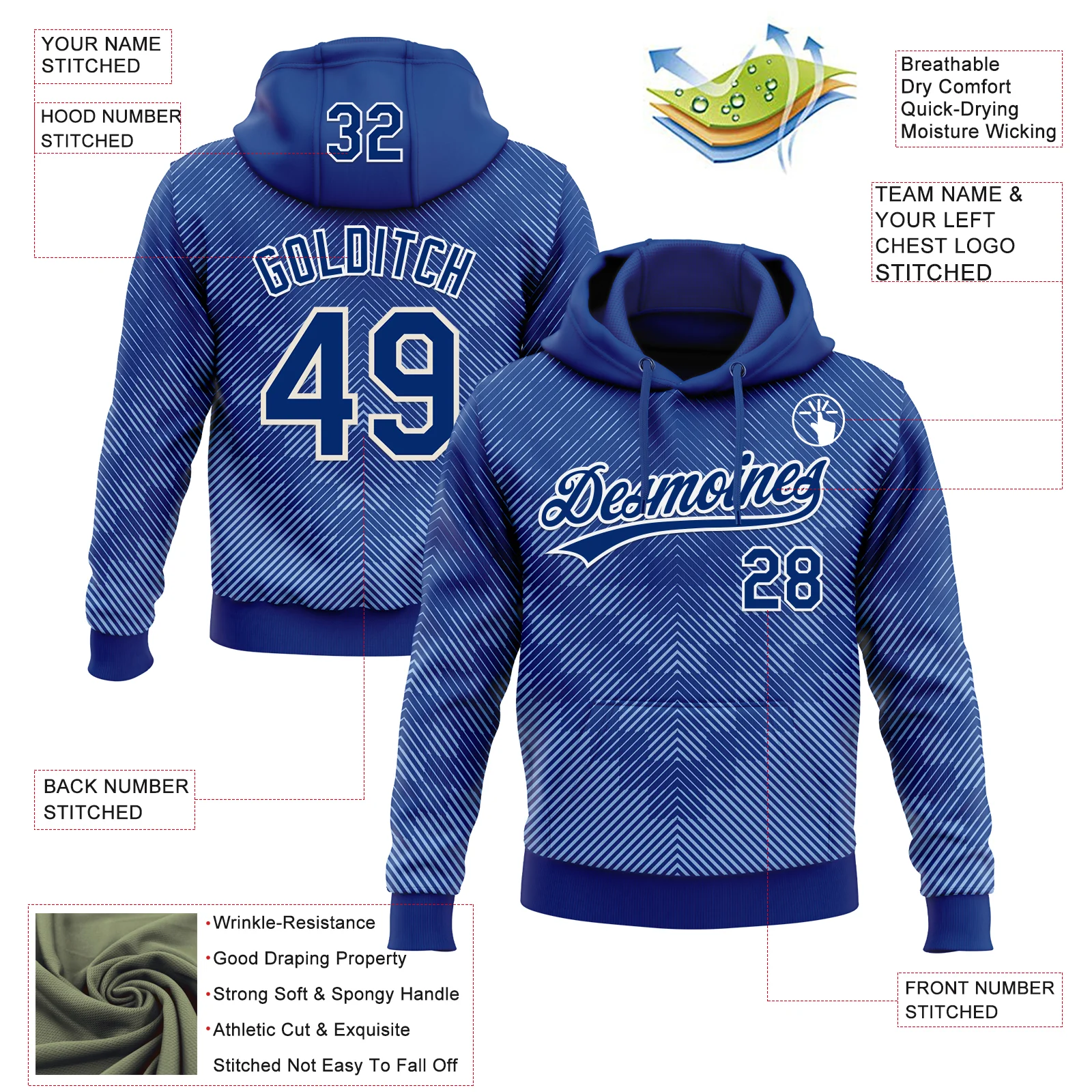 Custom Stitched Royal White 3D Pattern Design Line Sportswear Pullover Sweatshirt Hoodie - Image 2