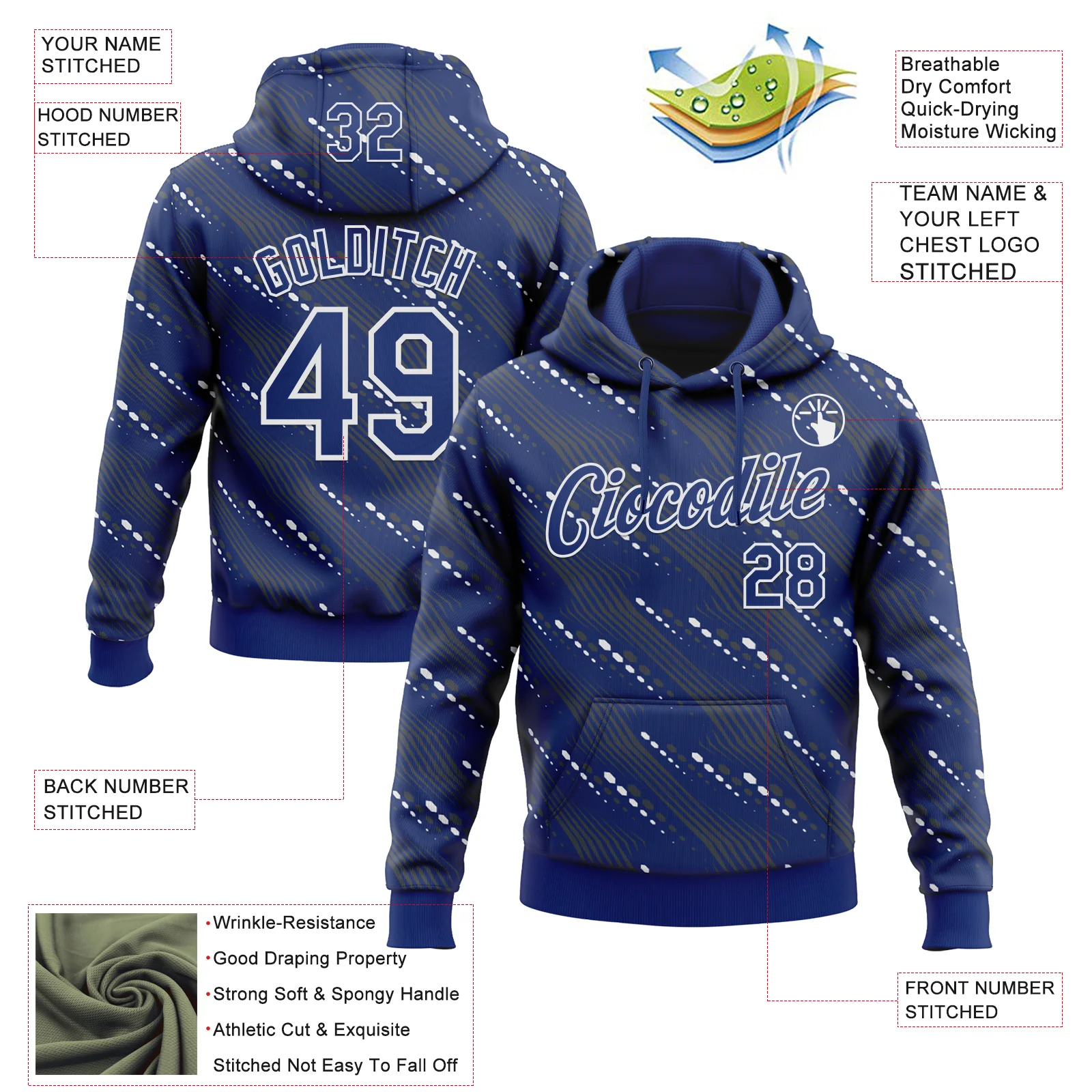 Custom Stitched Royal White Slant Lines Sports Pullover Sweatshirt Hoodie - Image 4