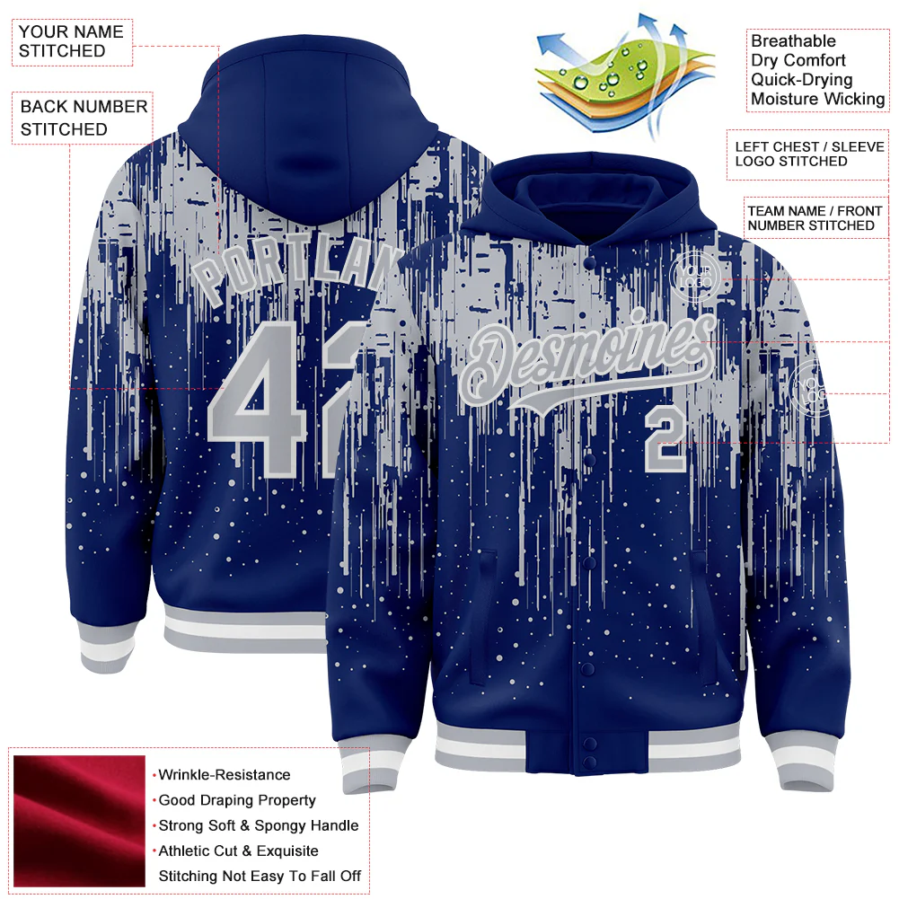 Custom Royal Gray-White Dripping Splatter Bomber Full-Snap Varsity Letterman Hoodie Jacket - Image 4