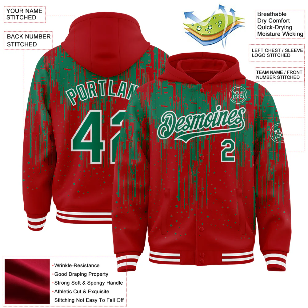 Custom Royal Kelly Green-White Dripping Splatter Bomber Full-Snap Varsity Letterman Hoodie Jacket - Image 4
