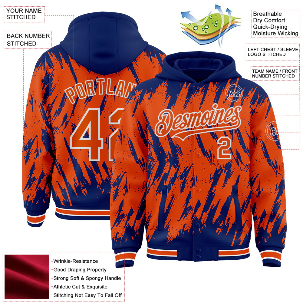 Custom Royal Orange-White Abstract Sharp Shape Fragment Pattern Bomber Full-Snap Varsity Letterman Hoodie Jacket - Image 4