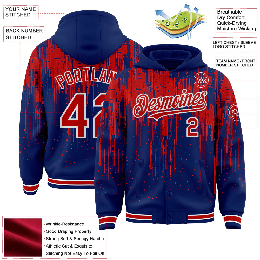 Custom Royal Red-White Dripping Splatter Bomber Full-Snap Varsity Letterman Hoodie Jacket - Image 4