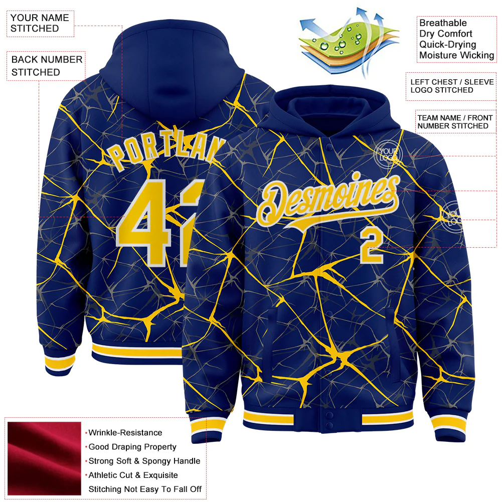 Custom Royal Yellow-White Abstract Network 3D Pattern Design Bomber Full-Snap Varsity Letterman Hoodie Jacket - Image 4