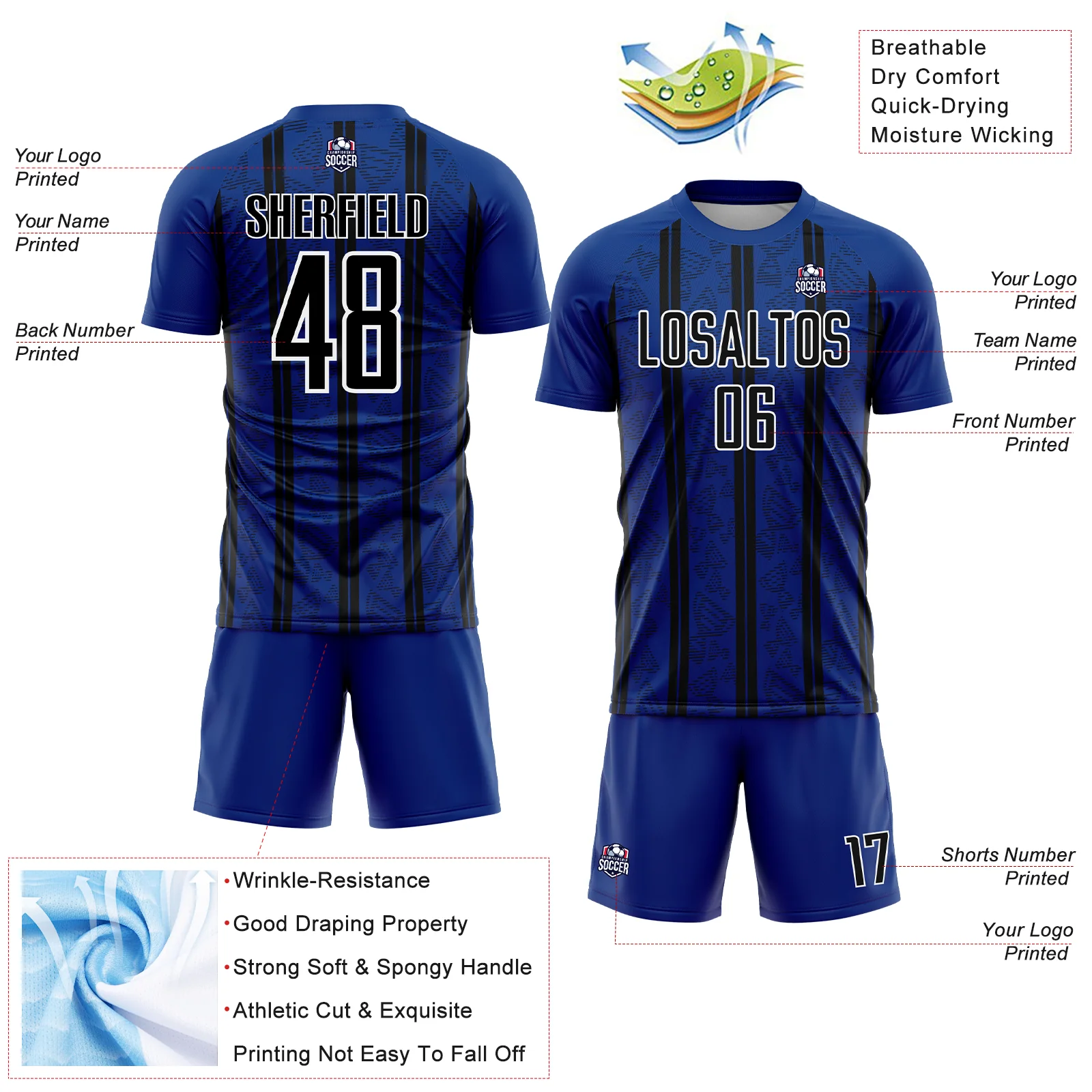 Custom Royal Black-White Stripe Line Sublimation Soccer Uniform Jersey - Image 4