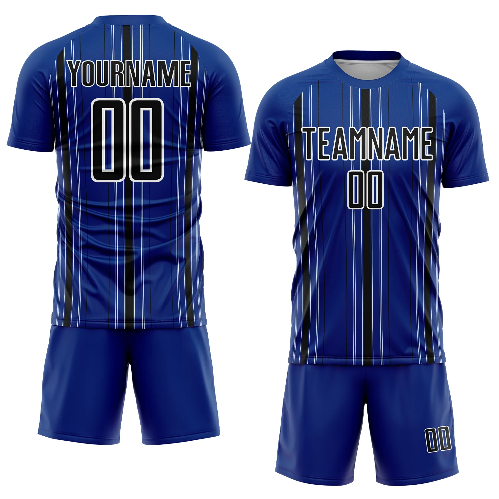 Custom Royal Black-White Stripe Sublimation Soccer Uniform Jersey - Image 2
