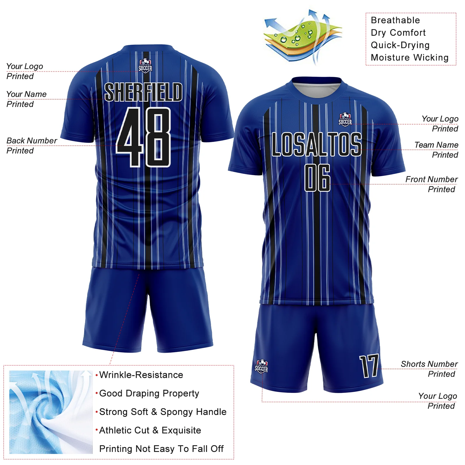 Custom Royal Black-White Stripe Sublimation Soccer Uniform Jersey - Image 4