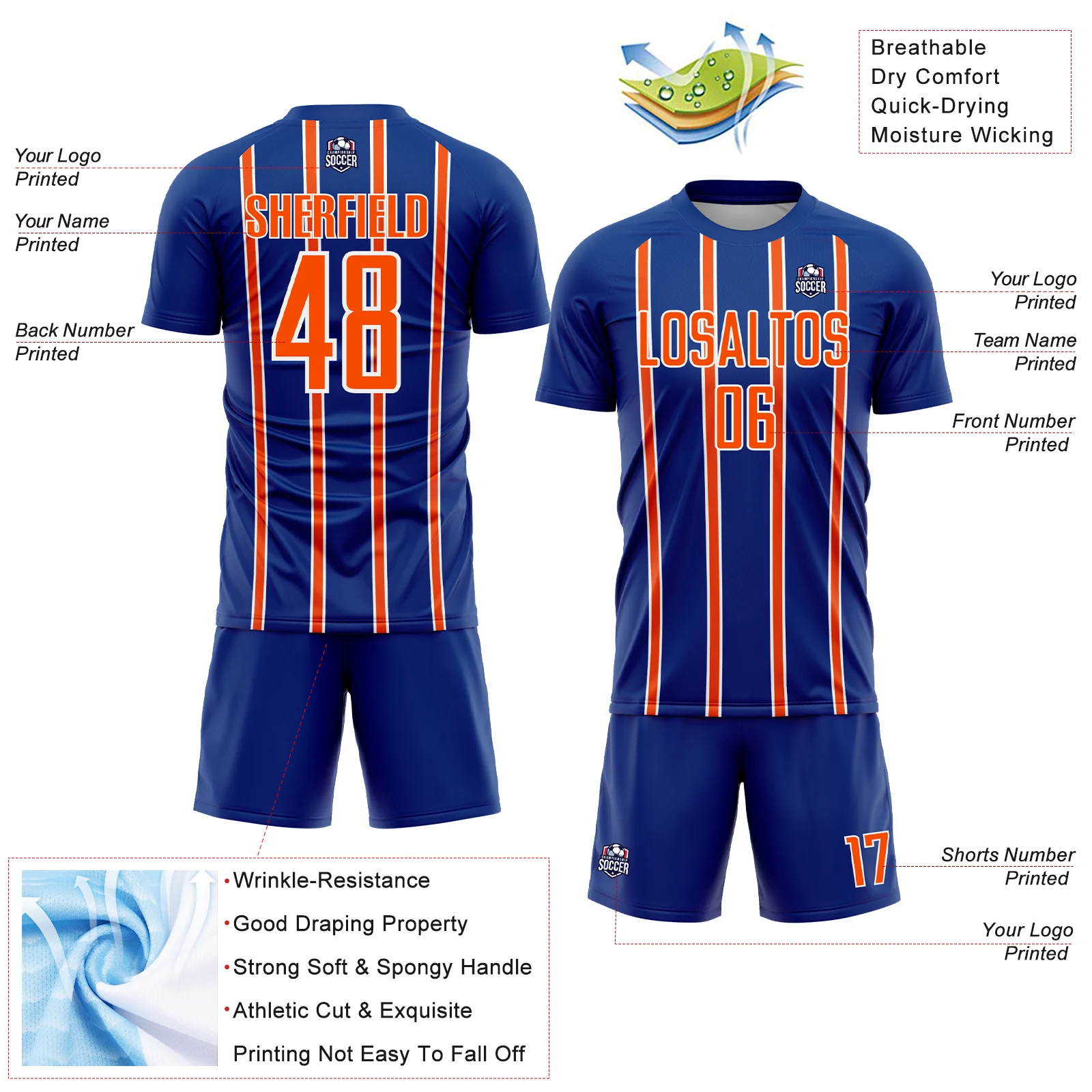 Custom Royal Orange-White Stripe Line Sublimation Soccer Uniform Jersey - Image 4