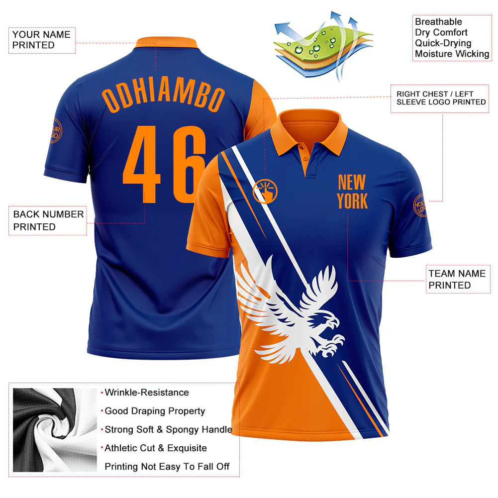 Custom Royal Bay Orange-White 3D Pattern Design Animal Eagle Performance Polo Shirt - Image 3