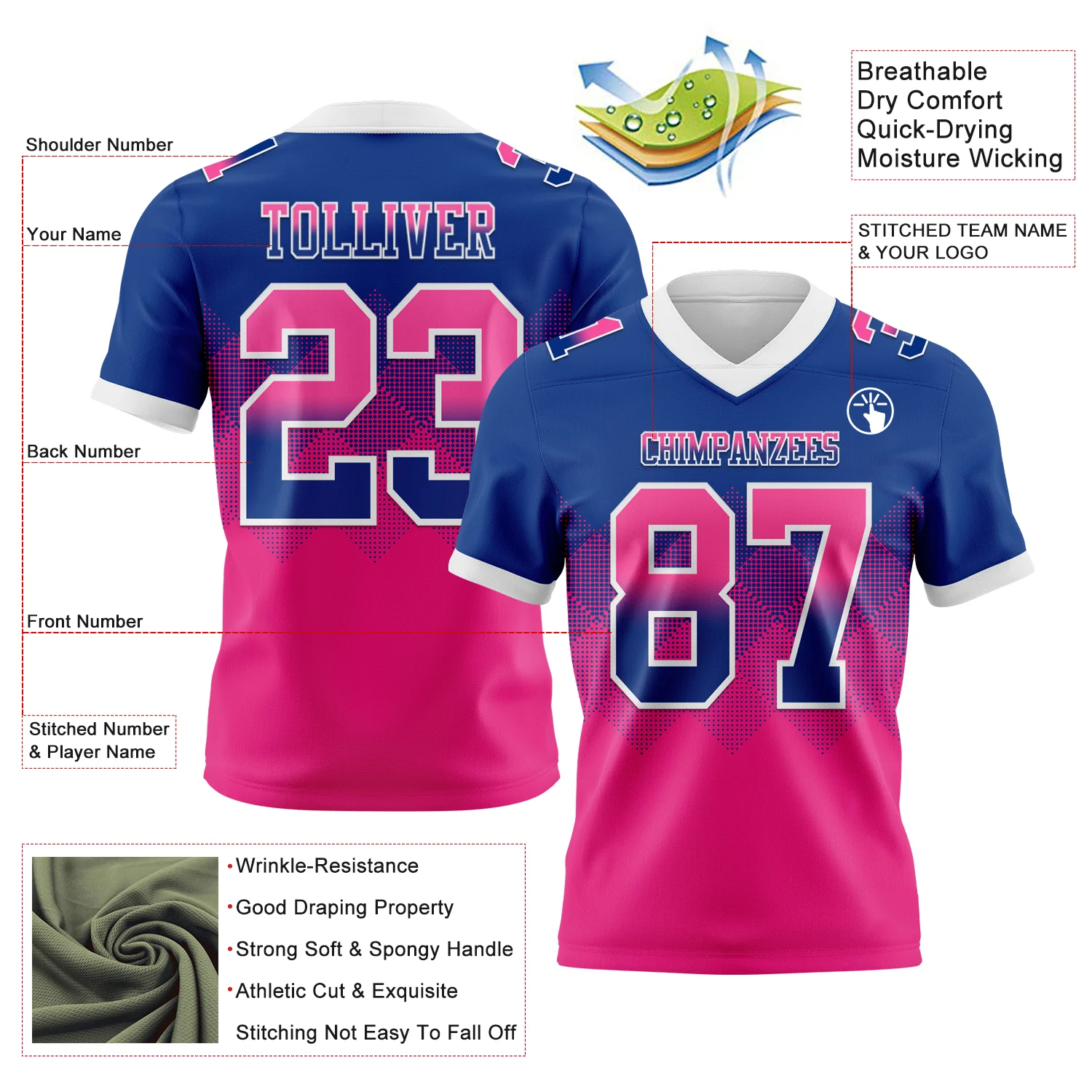 Custom Royal Hot Pink-White Authentic Gradient Square Shape Flag Football Jersey - Image 2