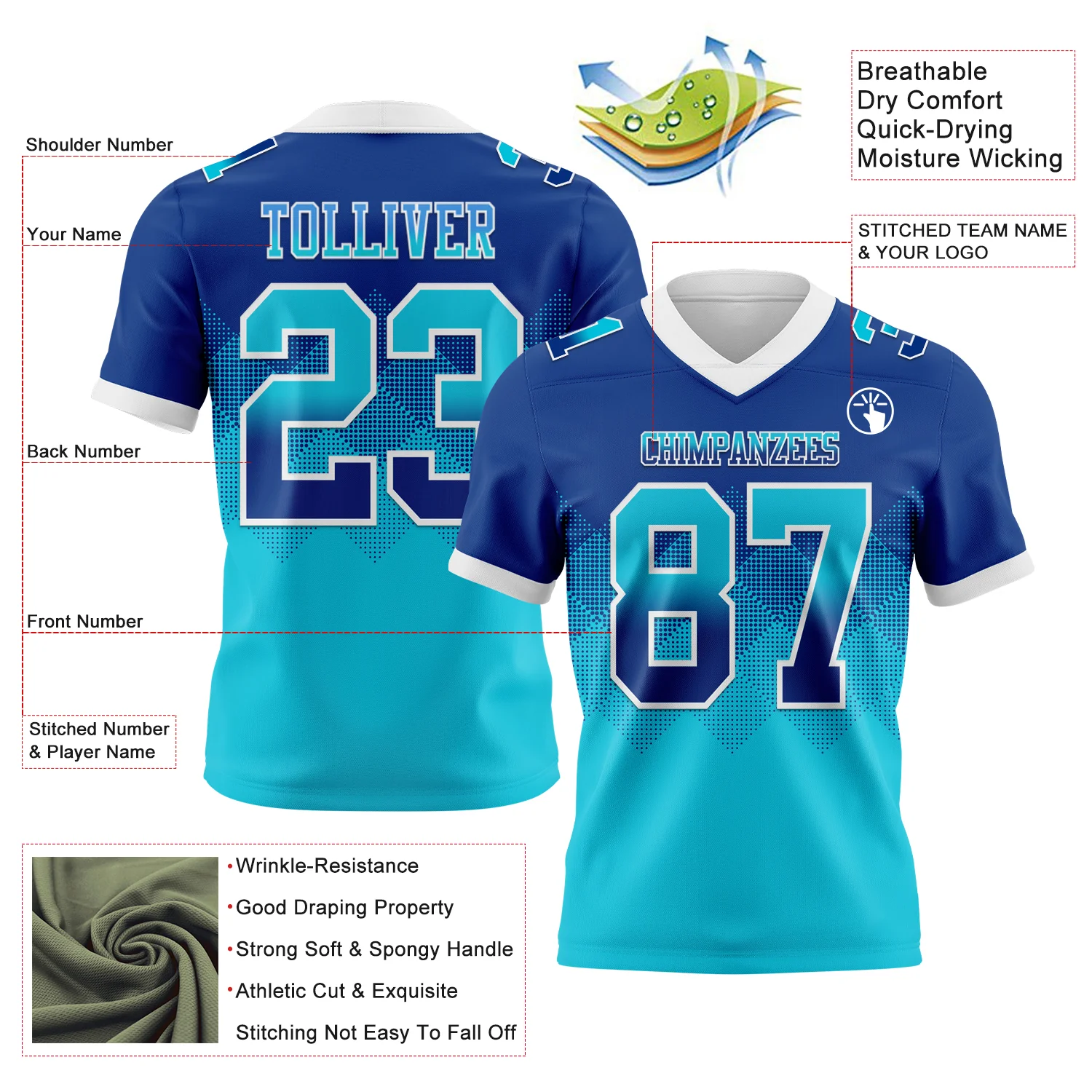 Custom Royal Lakes Blue-White Authentic Gradient Square Shape Flag Football Jersey - Image 2