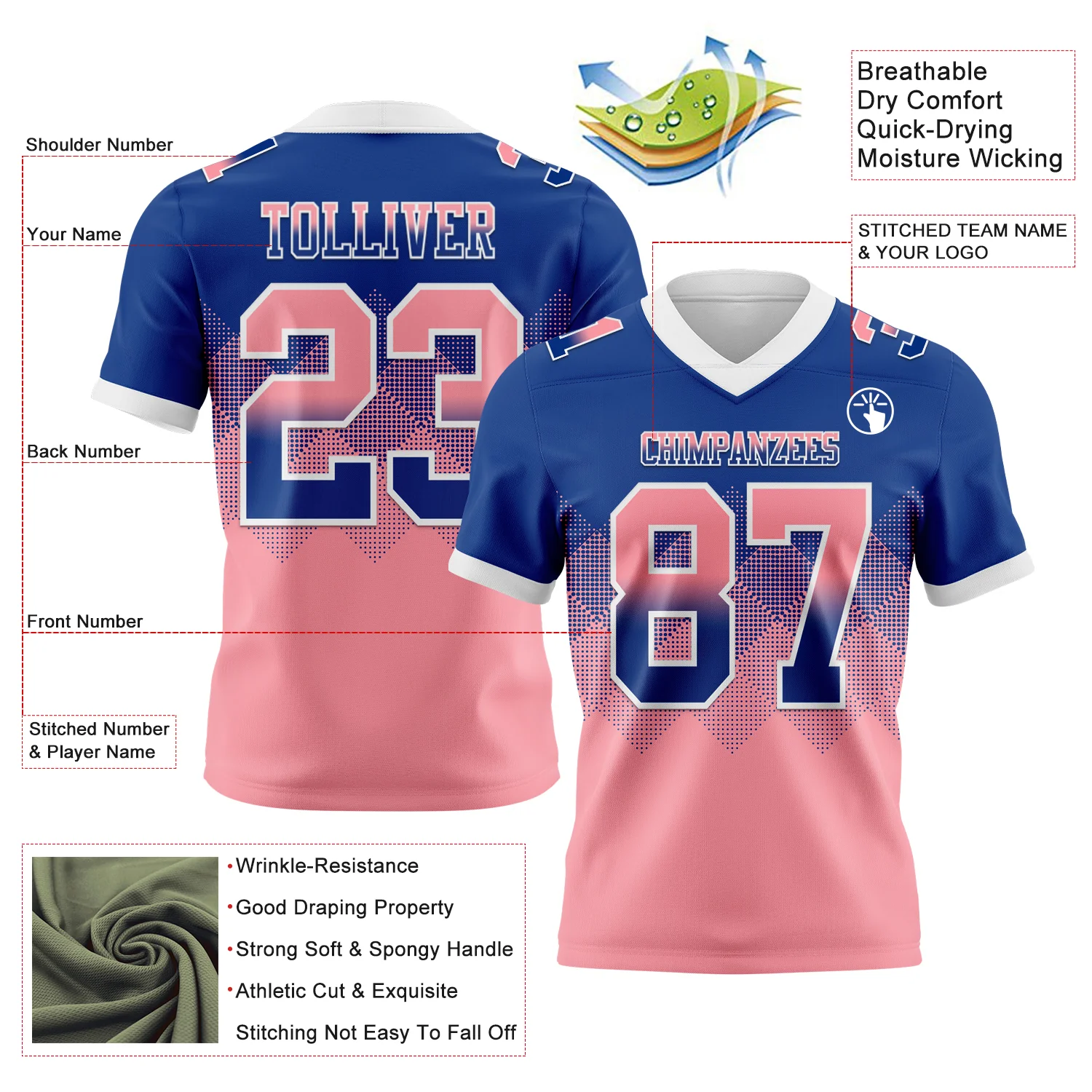Custom Royal Medium Pink-White Authentic Gradient Square Shape Flag Football Jersey - Image 2