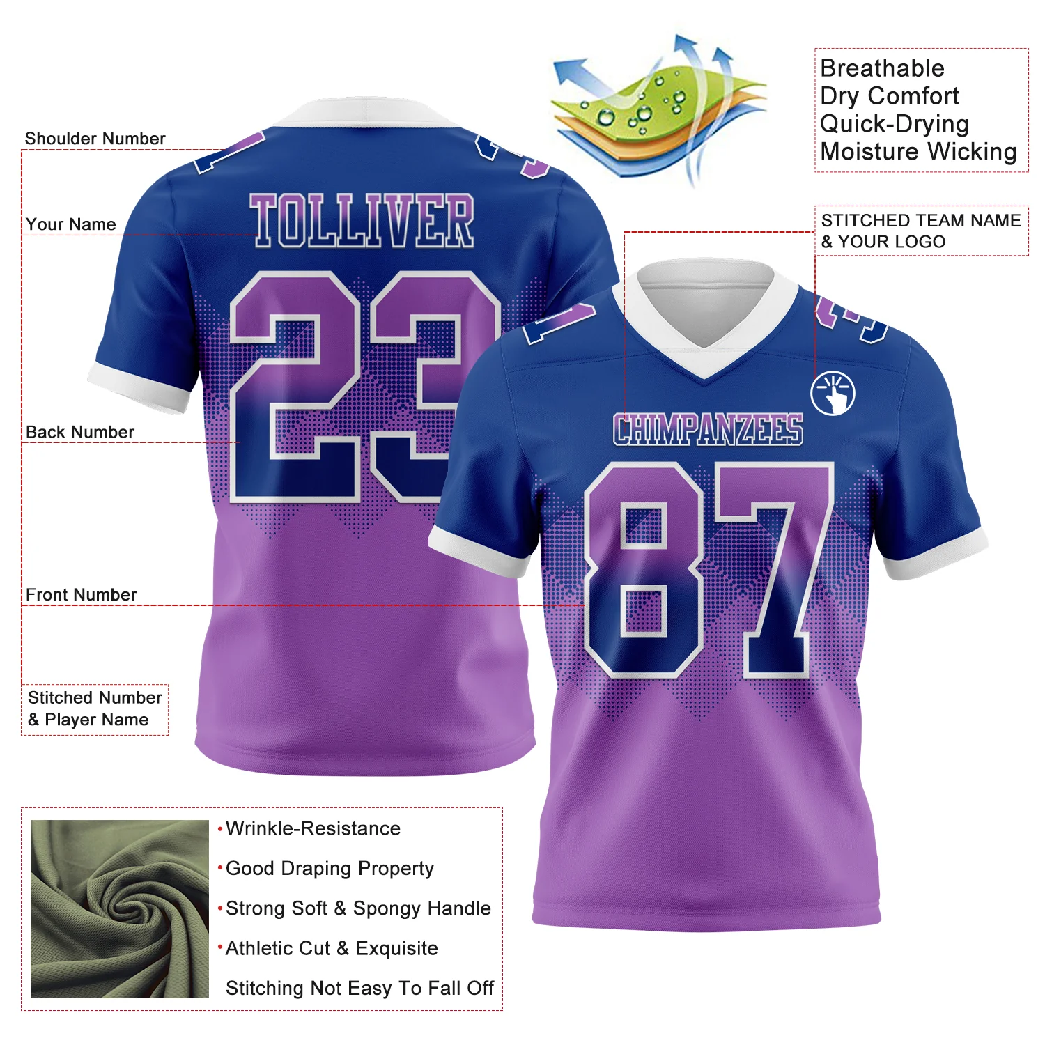 Custom Royal Medium Purple-White Authentic Gradient Square Shape Flag Football Jersey - Image 2