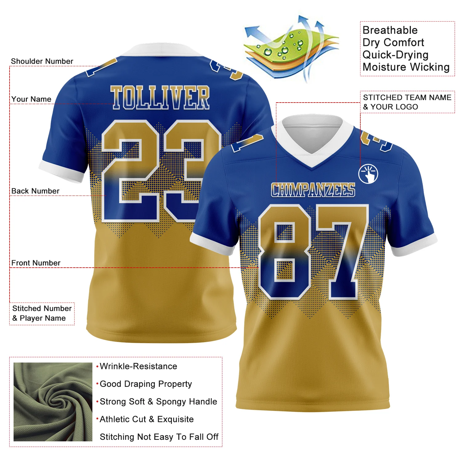 Custom Royal Old Gold-White Authentic Gradient Square Shape Flag Football Jersey - Image 2