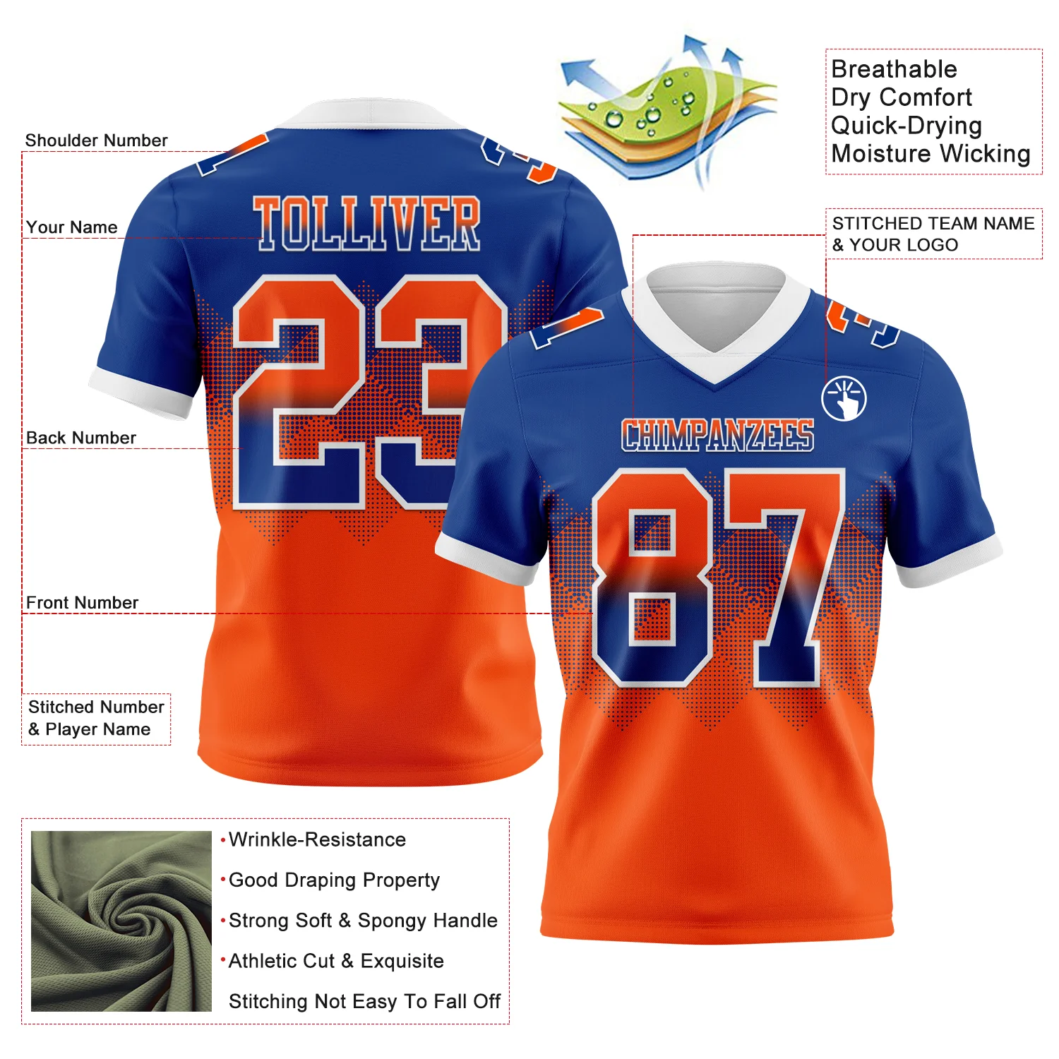 Custom Royal Orange-White Authentic Gradient Square Shape Flag Football Jersey - Image 2