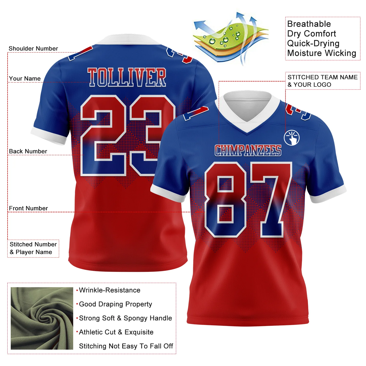 Custom Royal Red-White Authentic Gradient Square Shape Flag Football Jersey - Image 2