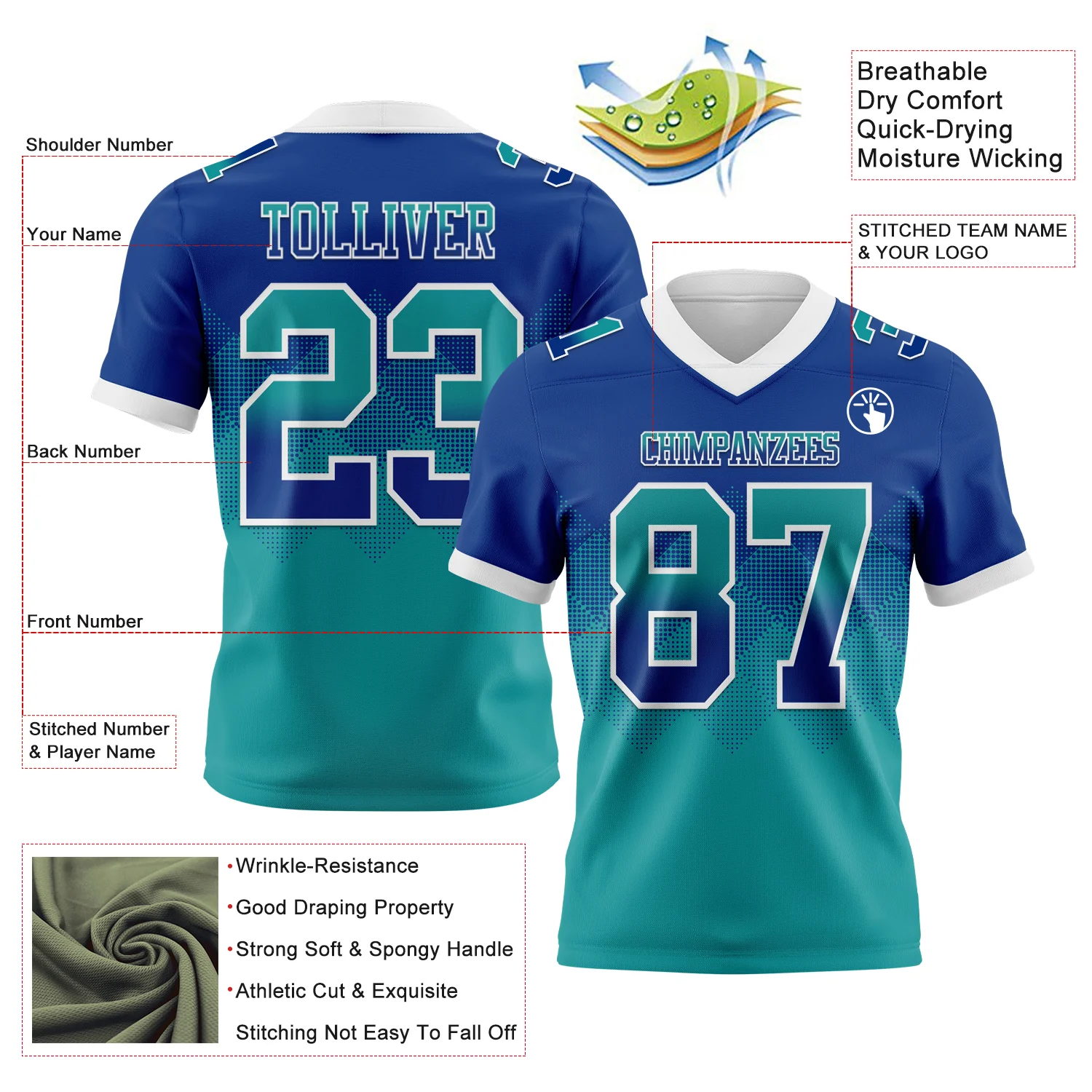 Custom Royal Teal-White Authentic Gradient Square Shape Flag Football Jersey - Image 2