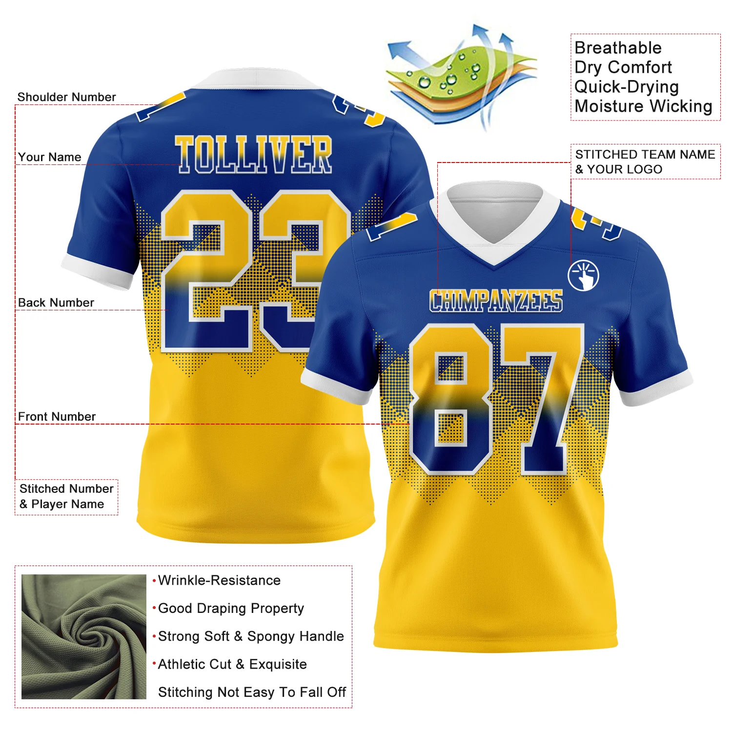 Custom Royal Yellow-White Authentic Gradient Square Shape Flag Football Jersey - Image 2