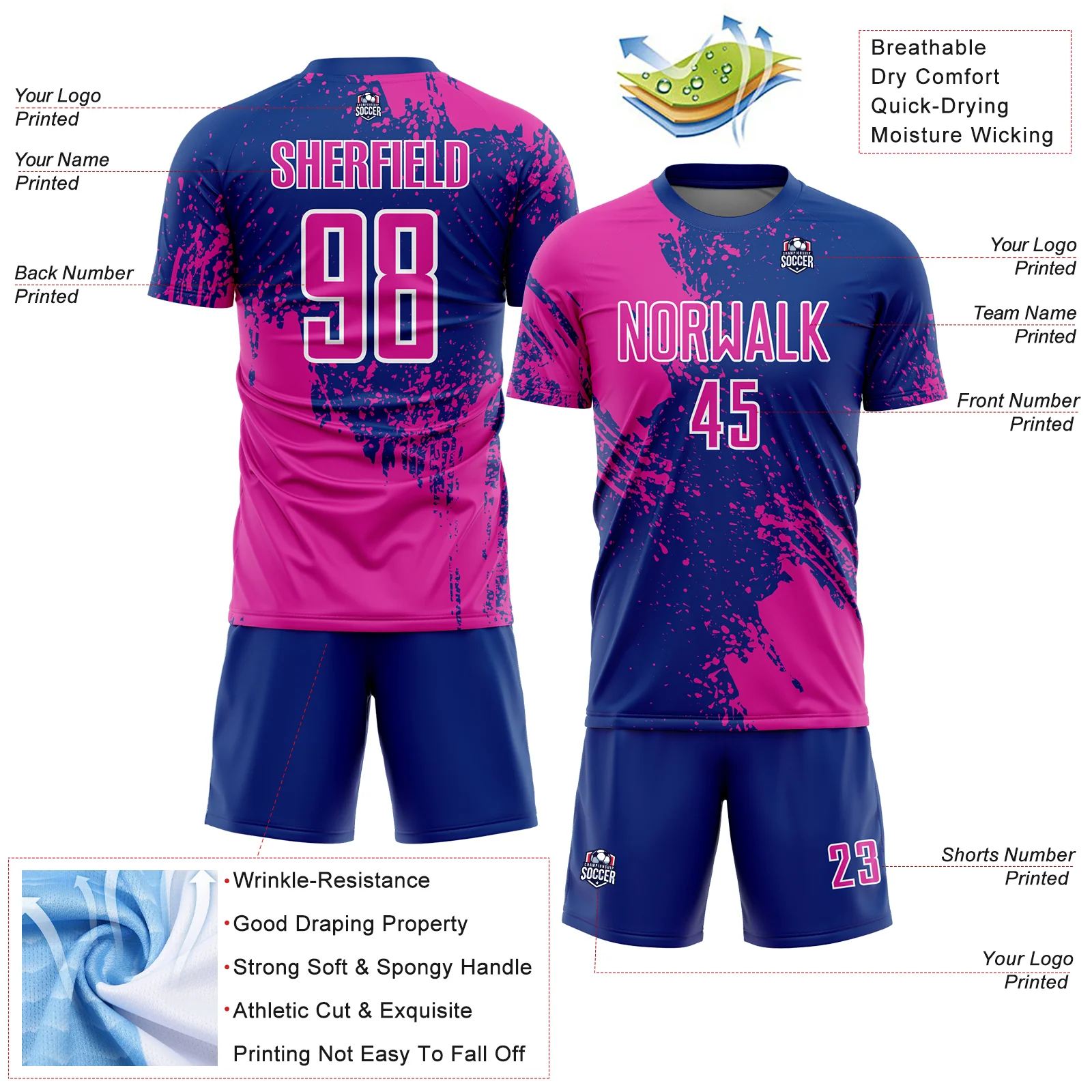 Custom Royal Deep Pink-White Abstract Brush Stroke Sports Sublimation Soccer Uniform Jersey - Image 4