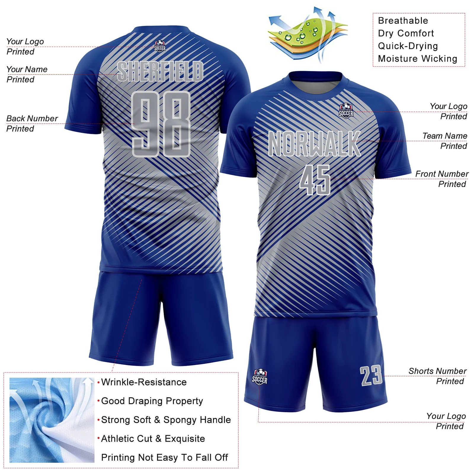Custom Royal Gray-White Line Sublimation Soccer Uniform Jersey - Image 4