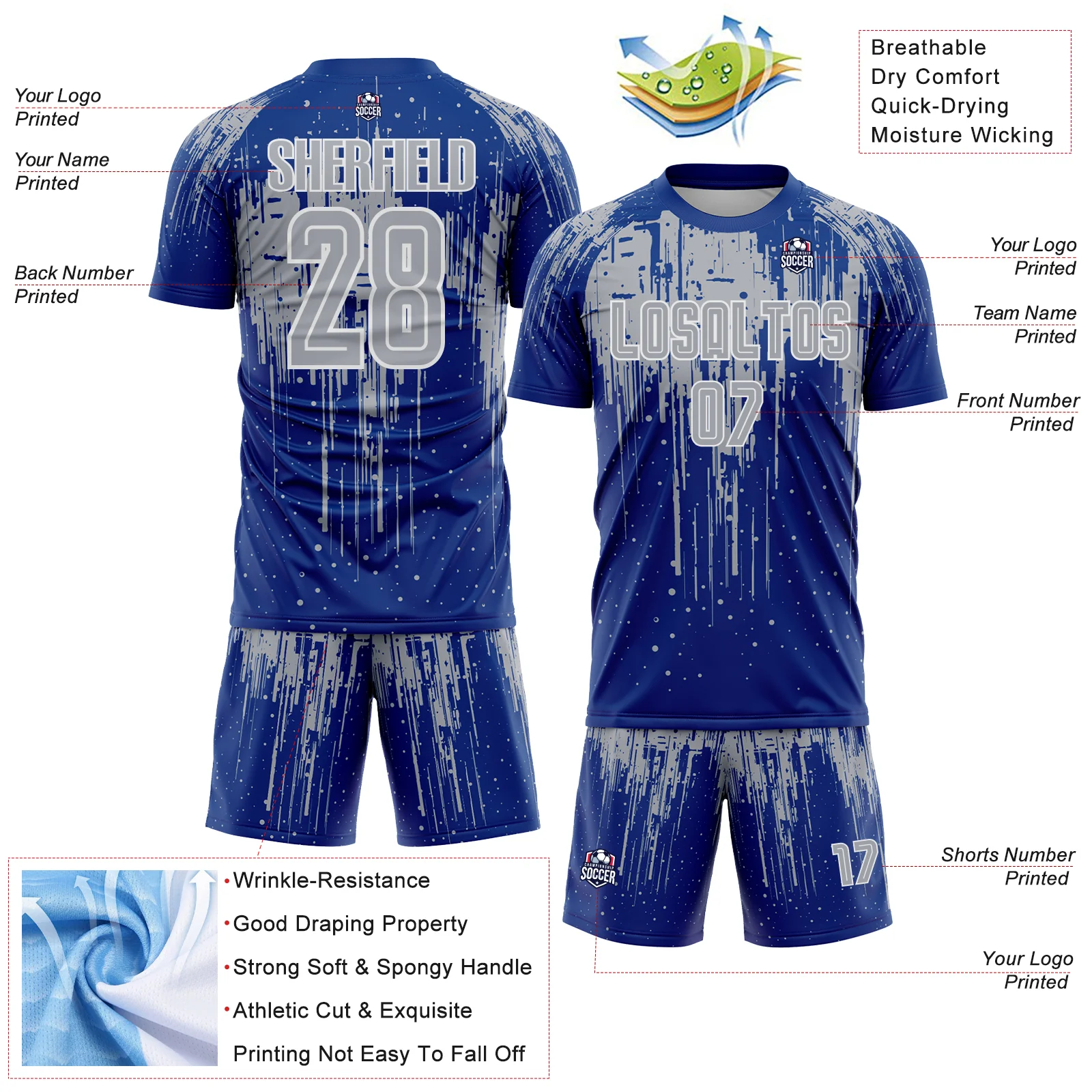 Custom Royal Gray-White Dripping Splatte Pattern Sports Sublimation Soccer Uniform Jersey - Image 4