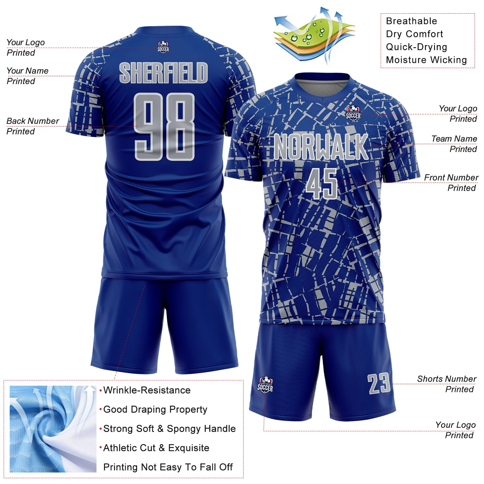Custom Royal Gray-White Abstract Line Sports Sublimation Soccer Uniform Jersey - Image 4