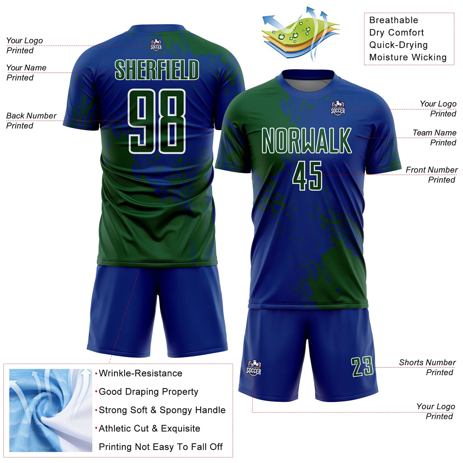 Custom Royal Green-White Abstract Brush Stroke Sports Sublimation Soccer Uniform Jersey - Image 4