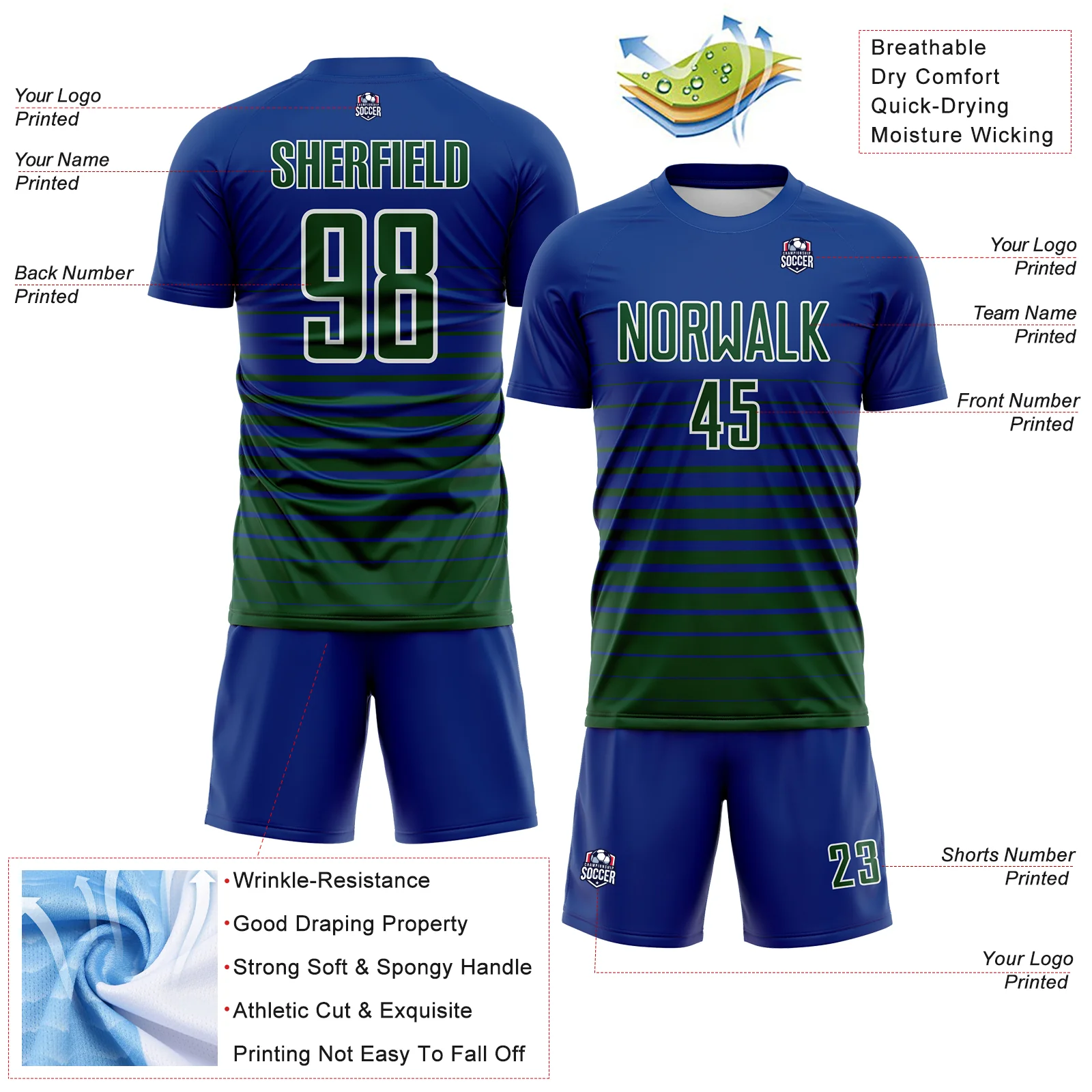 Custom Royal Green-White Gradient Pinstripe Sublimation Soccer Uniform Jersey - Image 4